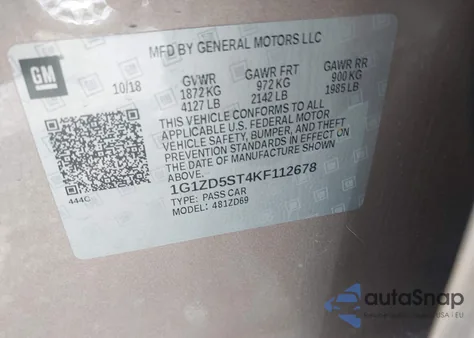 2019 Chevrolet Malibu Lt из США, поврежденный, VIN 1G1ZD5ST4KF112678